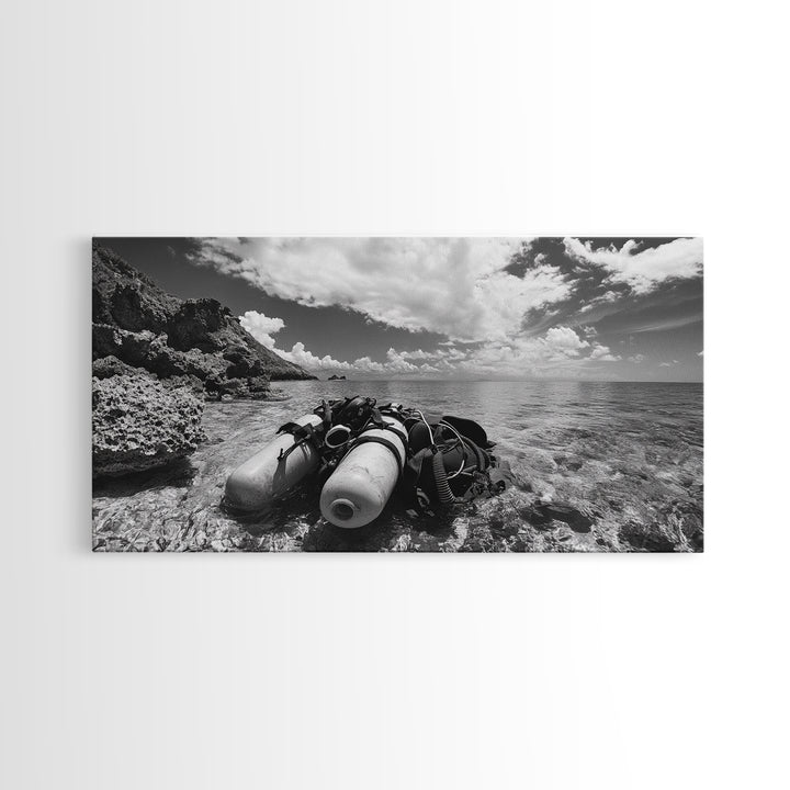 Dive Gear Shoreline, Ocean Exploration Scene, Black and White Adventure Art, Canvas Print, Nautical Decor, Man Cave Wall Art, Nautical Wall Art