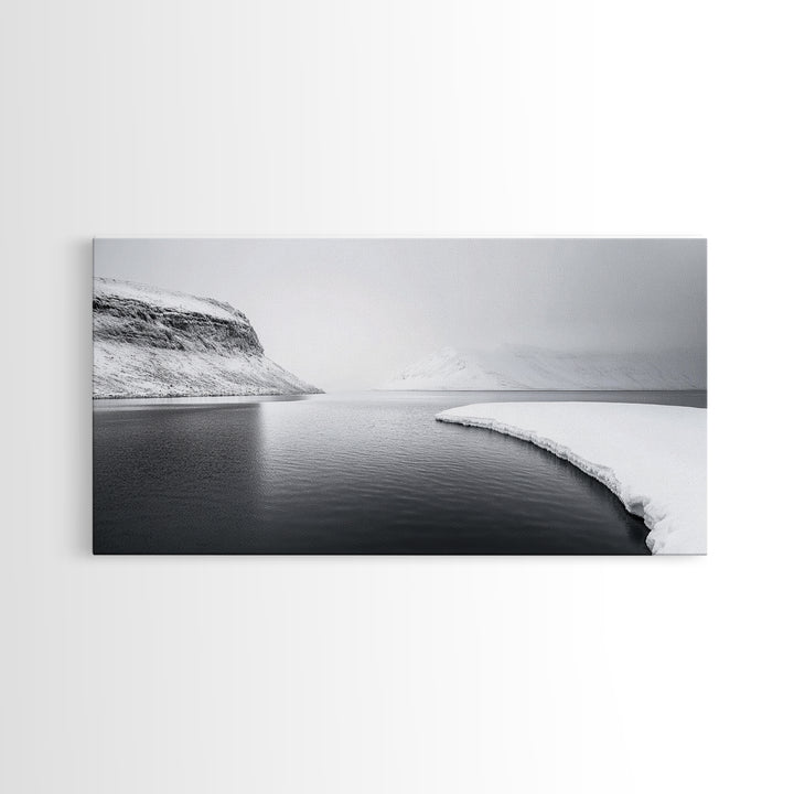 Arctic Coastline Silence, Minimal Snow Scene, Monochrome Nature Landscape, Framed Canvas Print, Scandinavian Wall Art, Office Calm Decor
