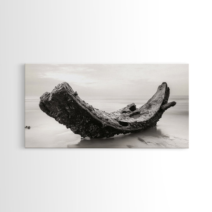 Coastal Shipwreck, Moody Beach, Driftwood Aesthetic, Minimalist Seascape, Canvas Print, Nautical Wall Art, Bathroom Decor, Ocean Art