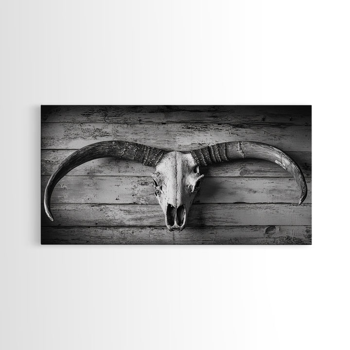 Bull Skull, Rustic Horns, Western Cabin Decor, Weathered Wood, Framed Canvas Print, Farmhouse Wall Art, Cowboy Office Decor, Rustic Wall Art