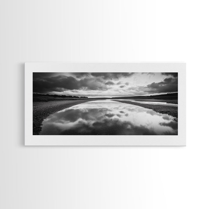River Reflection, Cloudy Sky, Calm Nature Path, Modern Monochrome, Framed Canvas Print, Bedroom Wall Art, Minimalist Landscape Art