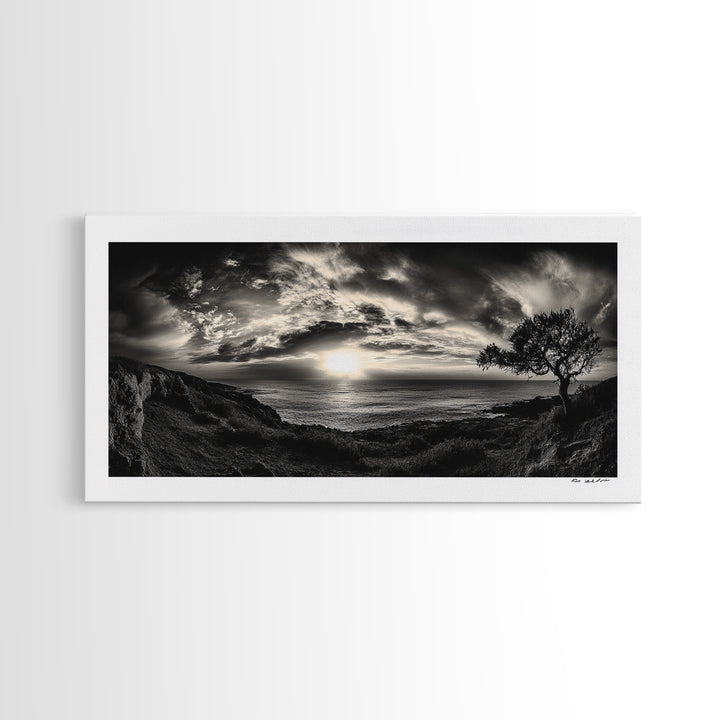 Dramatic Ocean Sunset, Coastal Tree, Monochrome Landscape, Canvas Print, Living Room Wall Art, Surreal Nature View, Oceanview Print