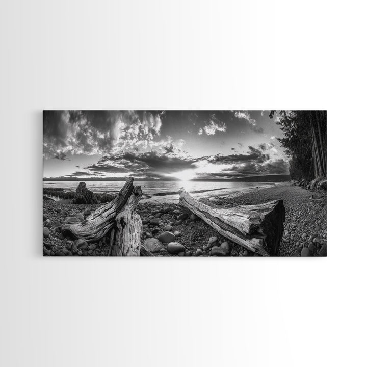 Driftwood Coastline, Rocky Beach Sunset, Nature Wall Art, Framed Canvas Print, Rustic Lake House Decor, Fall Coastal Aesthetic