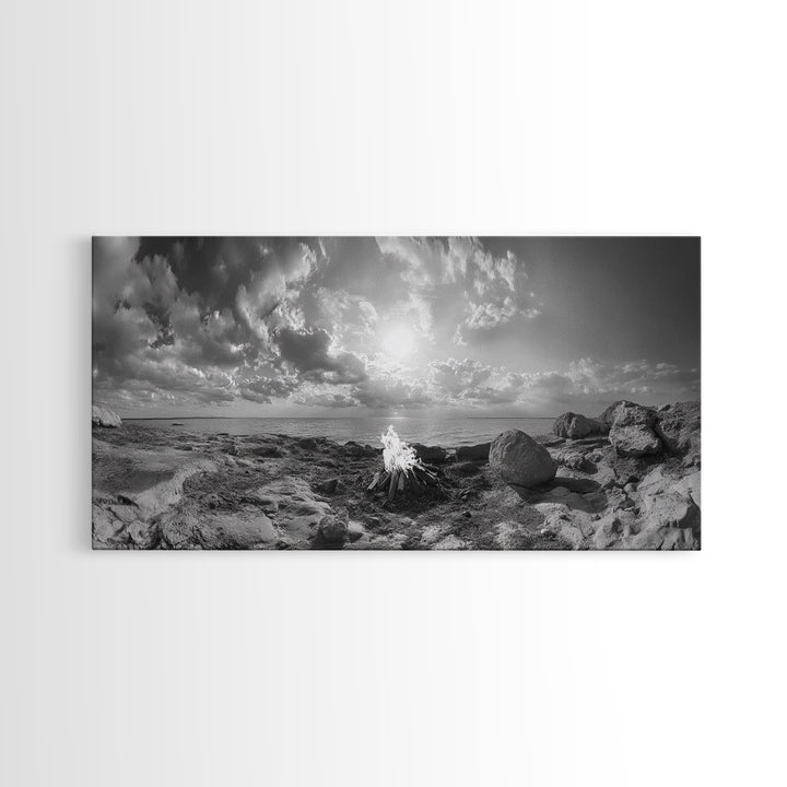 Coastal Campfire, Ocean Sunset, Rocky Shore, Bonfire Glow, Canvas Print, Nature Wall Art, Autumn Cabin Decor, Outdoor Retreat Style