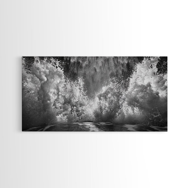 Ocean Splash, Sea Foam, Abstract Water, Coastal Waves, Framed Canvas Print, bathroom wall art, modern ocean photography, moody water art