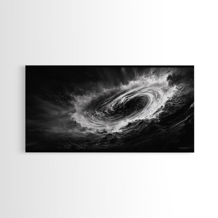 Ocean Vortex, Dramatic Waves, Sea Swirl, Storm Art, Framed Canvas Print, dark abstract art, gaming room decor, black and white power art