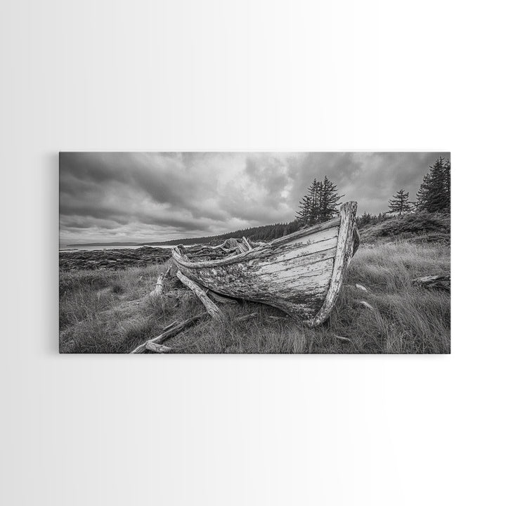 Abandoned Boat, Weathered Vessel, Coastal Forest, Framed Canvas Print, Farmhouse Wall Art, Rustic Cabin Decor, Autumn Vibe, Living Room Art
