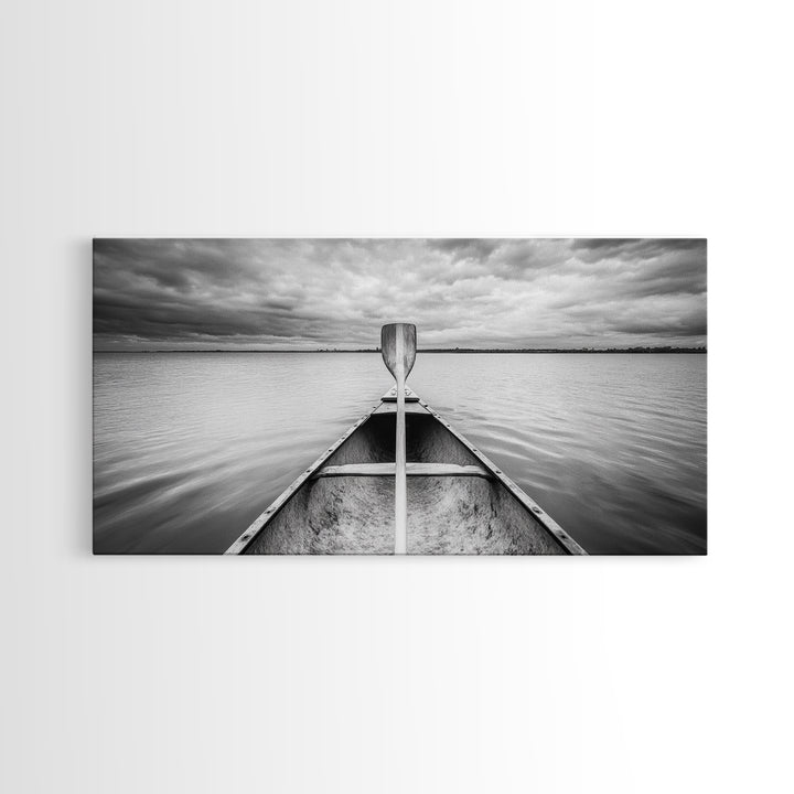 Canoe Lake, Adventure Paddle, Calm Waters, Cloudy Sky, Framed Canvas Print, Minimalist Art, Office Wall Decor, Nature Lover Style