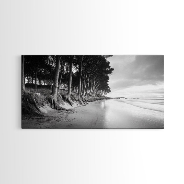 Pine Trees, Sandy Beach, Coastal Serenity, Driftwood Shore, Framed Canvas Print, neutral wall art, coastal rustic style, entryway landscape