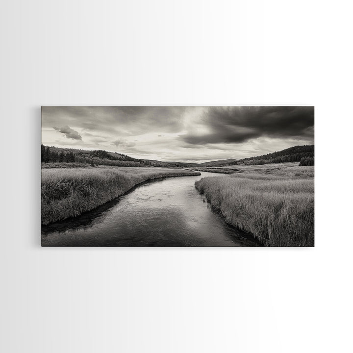 River Valley, Flowing Stream, Grassy Hills, Wilderness Calm, Framed Canvas Print, rustic home decor, Fall art, cabin wall landscape print