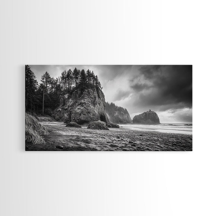 Coastal Rocks, Forest Cliffs, Moody Ocean, Framed Canvas Print, Pacific Northwest Wall Art, Dramatic Seascape, Autumn Nature Photography