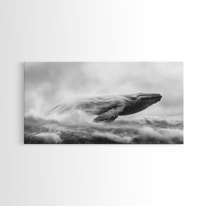 Breaching Whale, Ocean Waves, Marine Power, Framed Canvas Print, Nautical Bathroom Wall Art, Whale Watching Theme, Coastal Photography Art