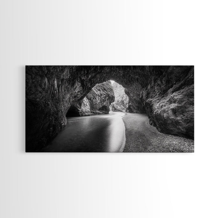 Ocean Cave Flow, Coastal Rock Wall Art, Moody Nature Seascape, Black White Beach Decor, Boho Bathroom Accent, Canvas Print, Monochrome Art