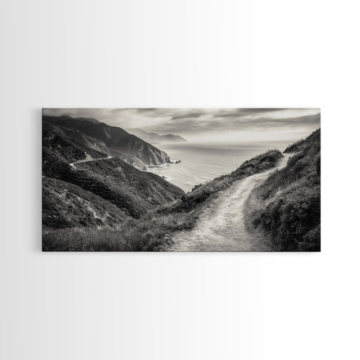 Cliffside Trail Path, Coastal Hiking Print, Rugged Ocean View, Nature Adventure Wall Art, Rustic Modern Decor, Framed Canvas Print