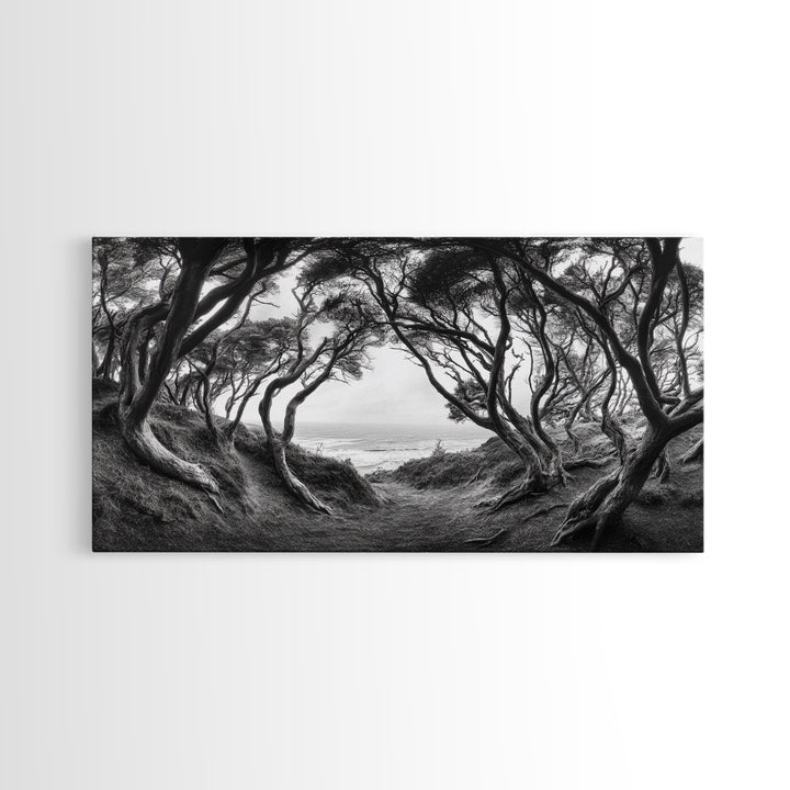 Coastal Trees, Windswept Forest, Ocean View, Framed Canvas Print, Boho Wall Art, Living Room Art, Nature Wall Decor, Monochrome Landscape