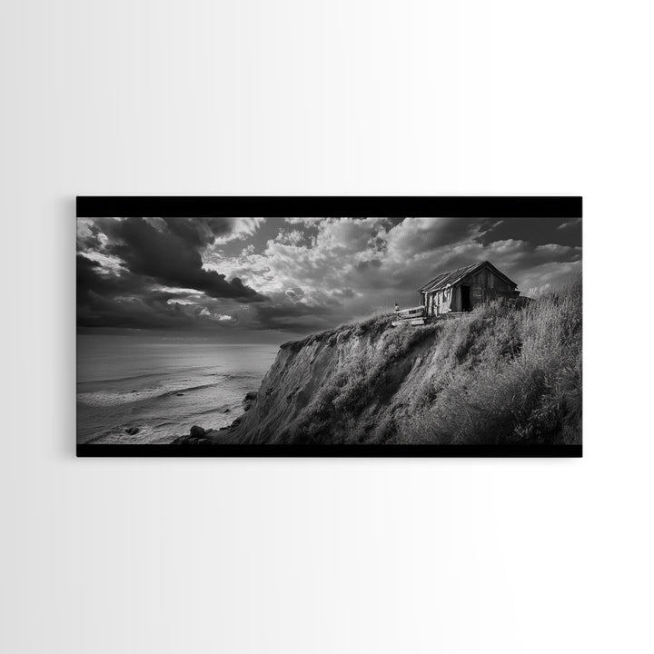 Cliff Cabin, Stormy Coast, Ocean Bluff, Dramatic Skies, Canvas Print, Moody Nature Art, Living Room Accent, Fall Season Decor
