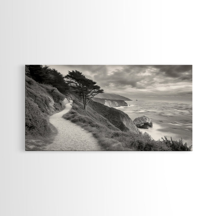 Coastal Path, Nature Trail, Ocean Cliff, Cypress Tree, Framed Canvas Print, Minimalist Wall Art, Living Room Decor, Scenic Landscape