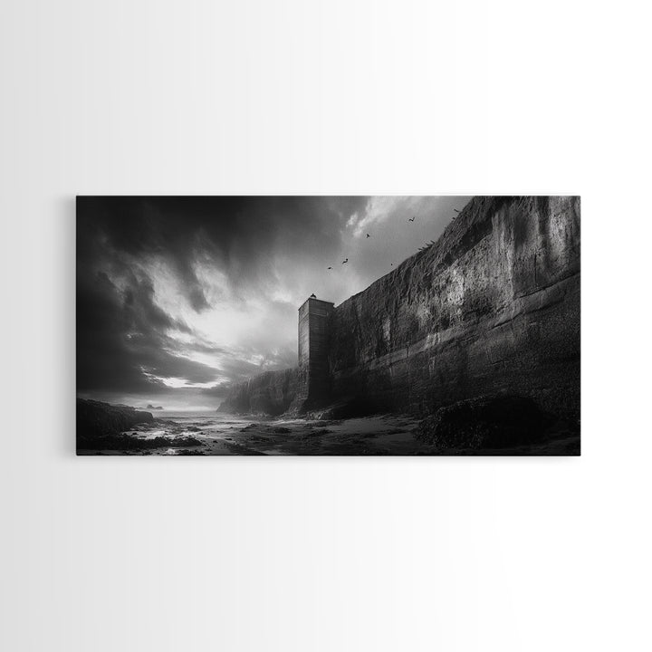 Cliff Lighthouse, Dramatic Sky, Seaside Tower, Ocean Mood, Canvas Print, Gothic Wall Art, Study Decor, Moody Coastal Artwork