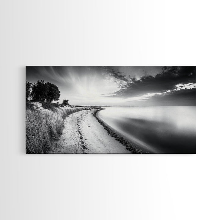 Calm Beach, Grassy Dunes, Serene Shoreline, Peaceful Water, Framed Canvas Print, Minimalist Art, Bedroom Wall Decor, Coastal Calm