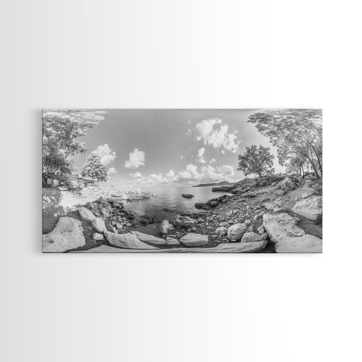 Rocky Cove, Tranquil Bay, Forest Edge, Panoramic Beach, Framed Canvas Print, Nature Art, Bathroom Wall Decor, Earthy Coastal View