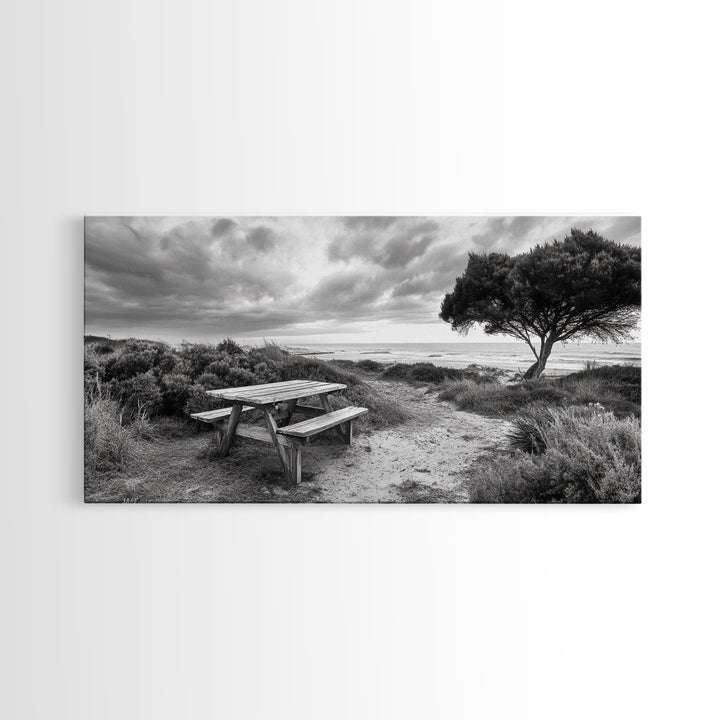 Picnic Table, Ocean Tree, Coastal Path, Windswept Scene, Framed Canvas Print, Rustic Wall Art, Fall Decor, Peaceful Beach Setting