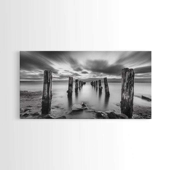Ocean Pilings, Calm Waters, Cloud Streaks, Sunset Mood, Canvas Print, Minimalist Seascape, Bedroom Wall Art, Serene Beach Decor