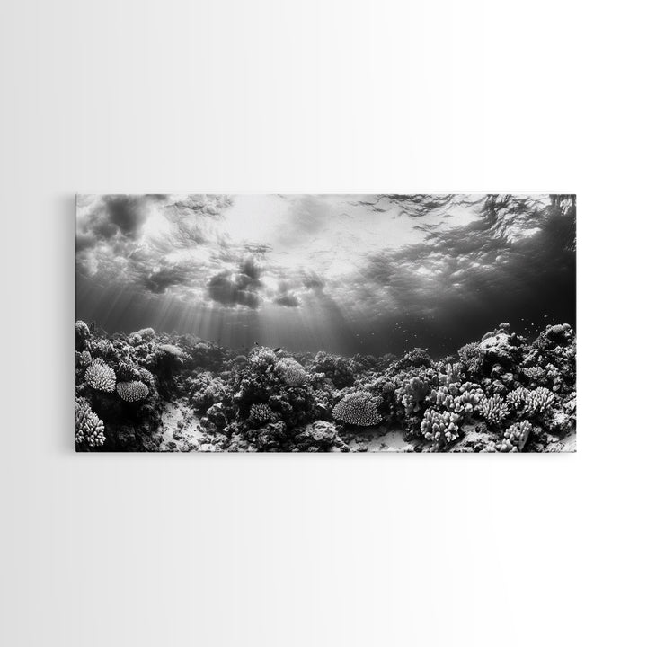 Coral Reef, Ocean Depths, Sunlight Rays, Marine Life, Canvas Print, Minimalist Nature Art, Bathroom Decor, Underwater Scene, Bedroom Wall Art