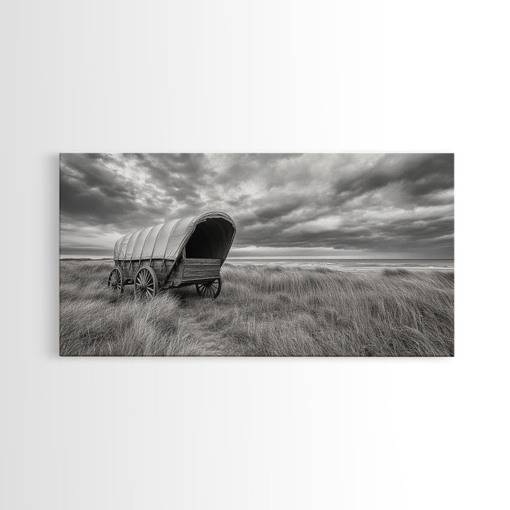 Prairie Wagon, Coastal Grass, Covered Cart, Western Landscape, Framed Canvas Print, Rustic Fall Art, Living Room Wall Decor