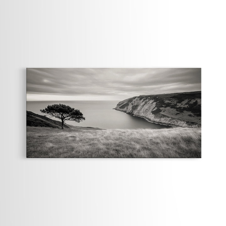 Coastal Cliff View, Solitary Tree Scene, Modern Minimalist Style, Framed Canvas Print, Calm Neutral Wall Art, Living Room Decor