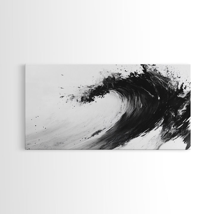 Abstract Wave, Black White, Modern Ink, Ocean Motion, Canvas Print, Minimalist Art, Office Wall Decor, Contemporary Coastal Style