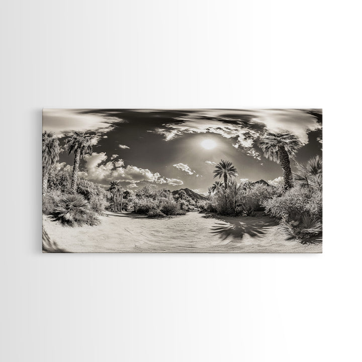 Desert Oasis, Palm Landscape, Nature Panorama, Framed Canvas Print, Tropical Wall Art, Living Room Decor, Boho Aesthetic, Sunlit Scene