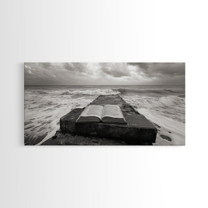 Ocean and Book, Moody Literary Print, Surreal Seascape Art, Framed Canvas Print, Library or Reading Nook Wall Decor, Dark Academia