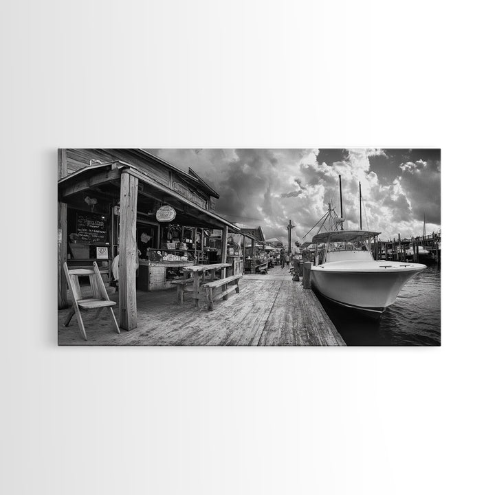 Dockside Market, Nautical Vibes, Fishing Village, Framed Canvas Print, Coastal Kitchen Art, Rustic Decor, Oceanfront Life Scene