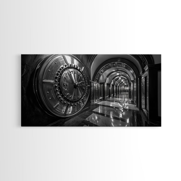 Bank Vault Door, Industrial Urban Decor, Luxury Office Art, Framed Canvas Print, Black and Silver Wall Art, Masculine Home Style
