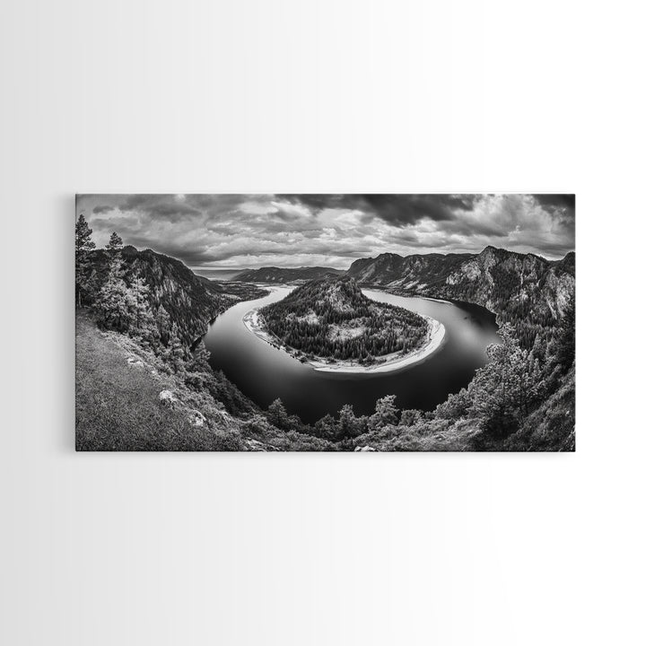 River Bend Landscape, Mountain View Aerial, Nature Panorama Scene, Framed Canvas Print, Cabin Wall Art, Adventure Boho Art, Living Room Wall Art