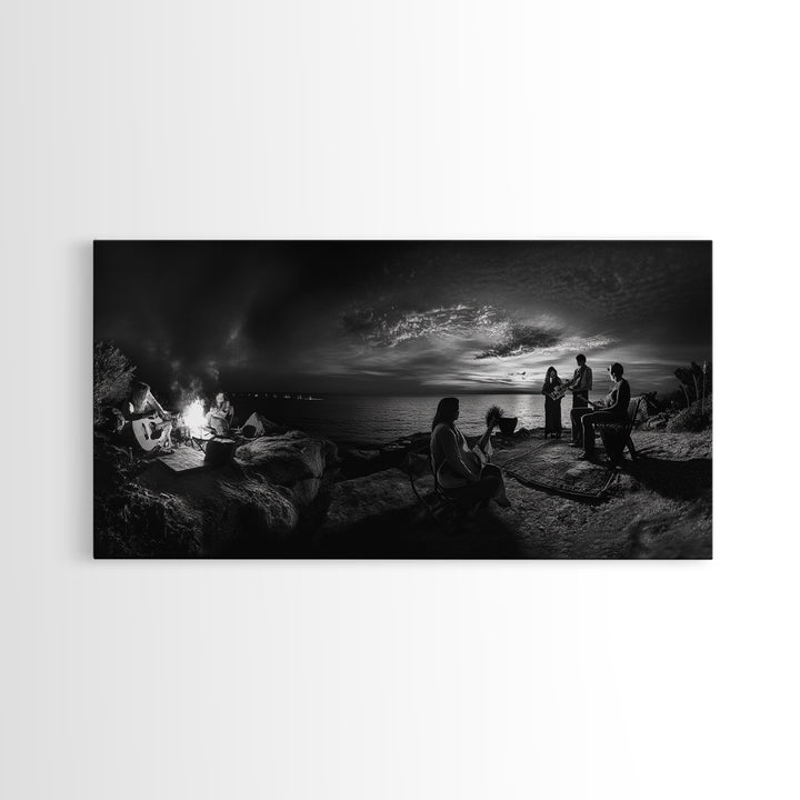 Campfire Gathering, Boho Night Vibes, Music Outdoors Scene, Framed Canvas Print, Living Room Wall Art, Folk Rustic Aesthetic