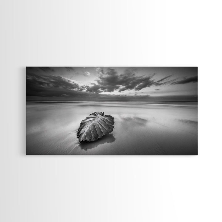 Beach Leaf Still, Autumn Nature Scene, Calm Ocean Shoreline, Canvas Print, Fall Bathroom Wall Art, Neutral Earth Tone Decor