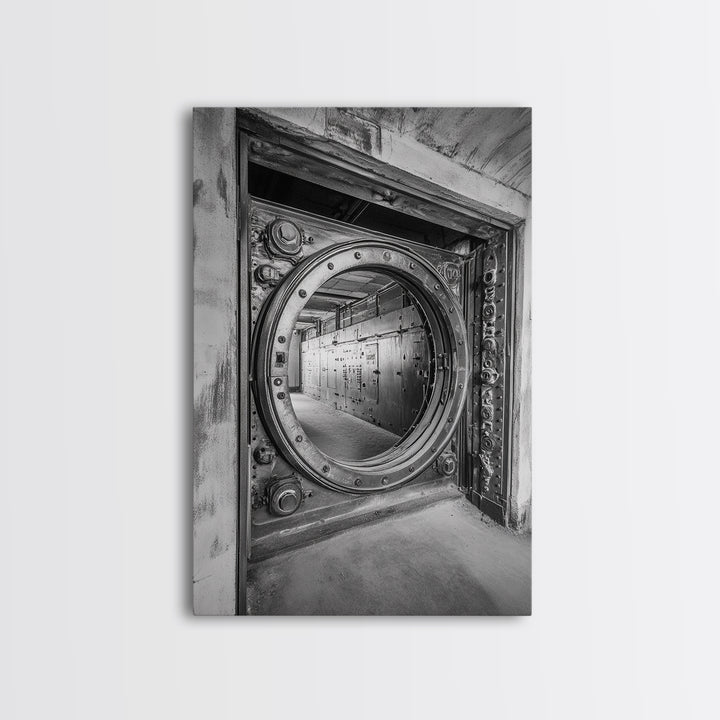 Bank Vault Door, Industrial Design, Urban Texture, Canvas Print, Masculine Office Decor, Steampunk Wall Art, Black White Print