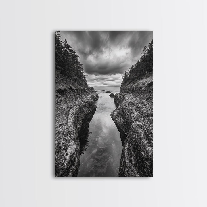 Rocky Waterway, Coastal Reflections, Dramatic Cloudscape, Ocean Nature Print, Framed Canvas Print, Bathroom Wall Art, Modern Rustic Style