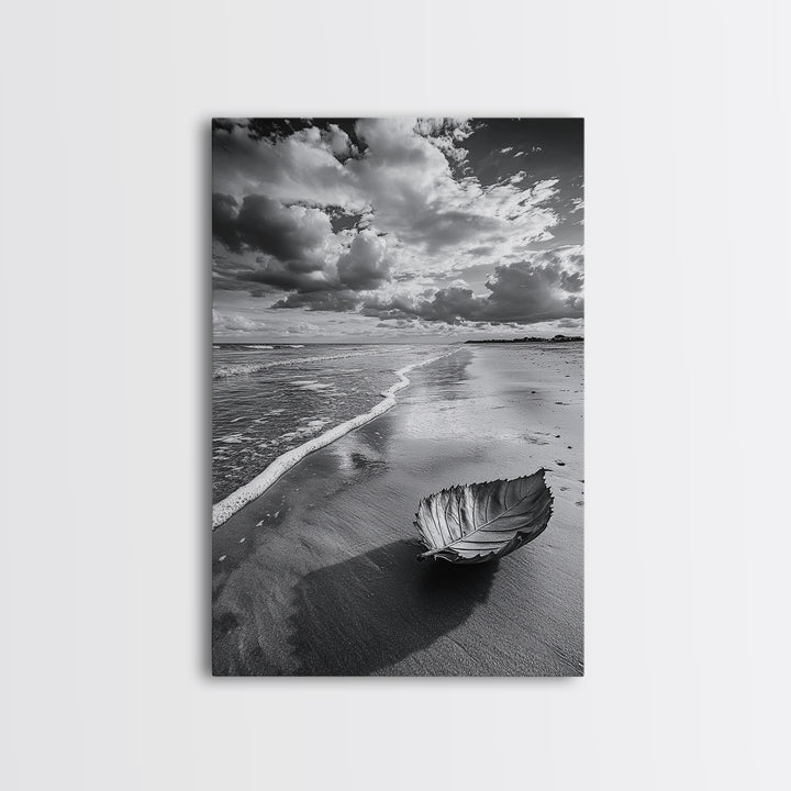 Autumn Beach Leaf, Drift Shore, Moody Cloudscape, Black and White Fall Art, Framed Canvas Print, Seasonal Wall Decor, Rustic Autumn Style