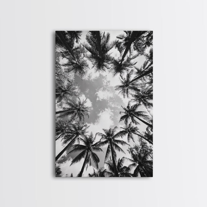 Palm Tree Sky, Tropical Canopy, Black and White Island View, Jungle Overhead Scene, Framed Canvas Print, Bathroom Wall Art, Beach Boho Decor