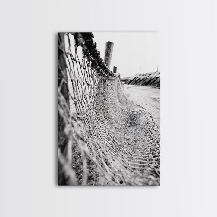 Coastal Net, Beach Texture, Nautical Vibe, Ocean Fence, Framed Canvas Print, Bathroom Wall Art, Coastal Cottage Style, Monochrome Beach Art
