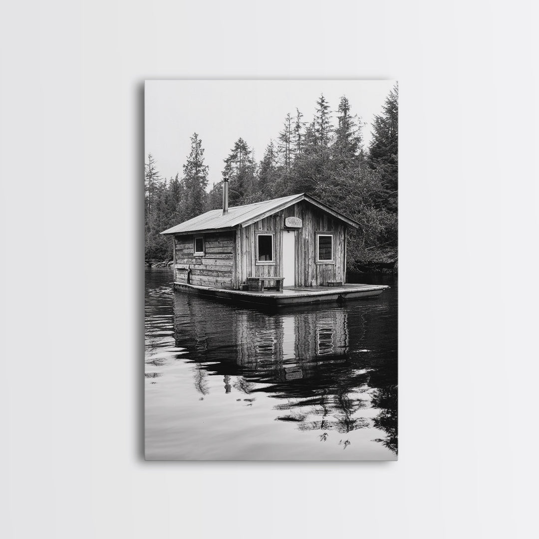 Floating Cabin, Lake House, Forest Reflection, Tranquil Waters, Framed Canvas Print, Bedroom Wall Art, Cabin Aesthetic, Rustic Nature Vibe