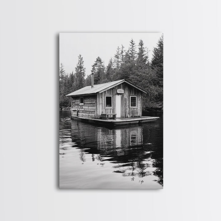 Floating Cabin, Lake House, Forest Reflection, Tranquil Waters, Framed Canvas Print, Bedroom Wall Art, Cabin Aesthetic, Rustic Nature Vibe