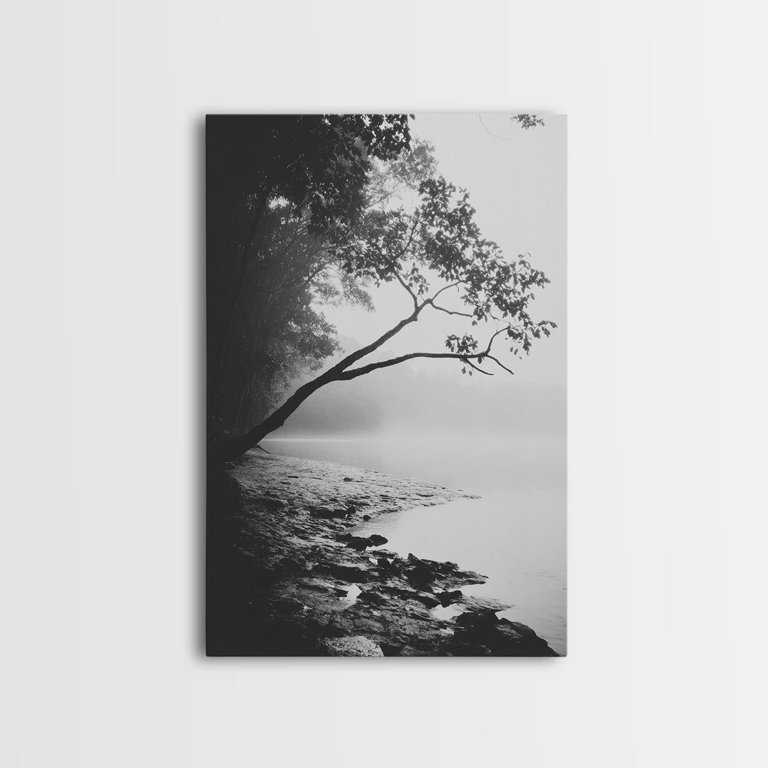 Misty Tree, Shoreline Fog, Forest Edge, Moody Atmosphere, Framed Canvas Print, Bedroom Wall Art, Autumn Woodland Style, Serene Nature Decor