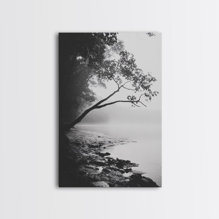Misty Tree, Shoreline Fog, Forest Edge, Moody Atmosphere, Framed Canvas Print, Bedroom Wall Art, Autumn Woodland Style, Serene Nature Decor