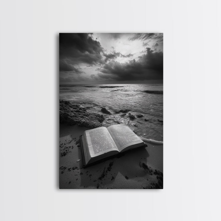 Book Beach Twilight, Reading By Ocean, Literary Seascape, Canvas Print, Study Wall Art, Moody Literary Art, Minimalist Coastal Decor