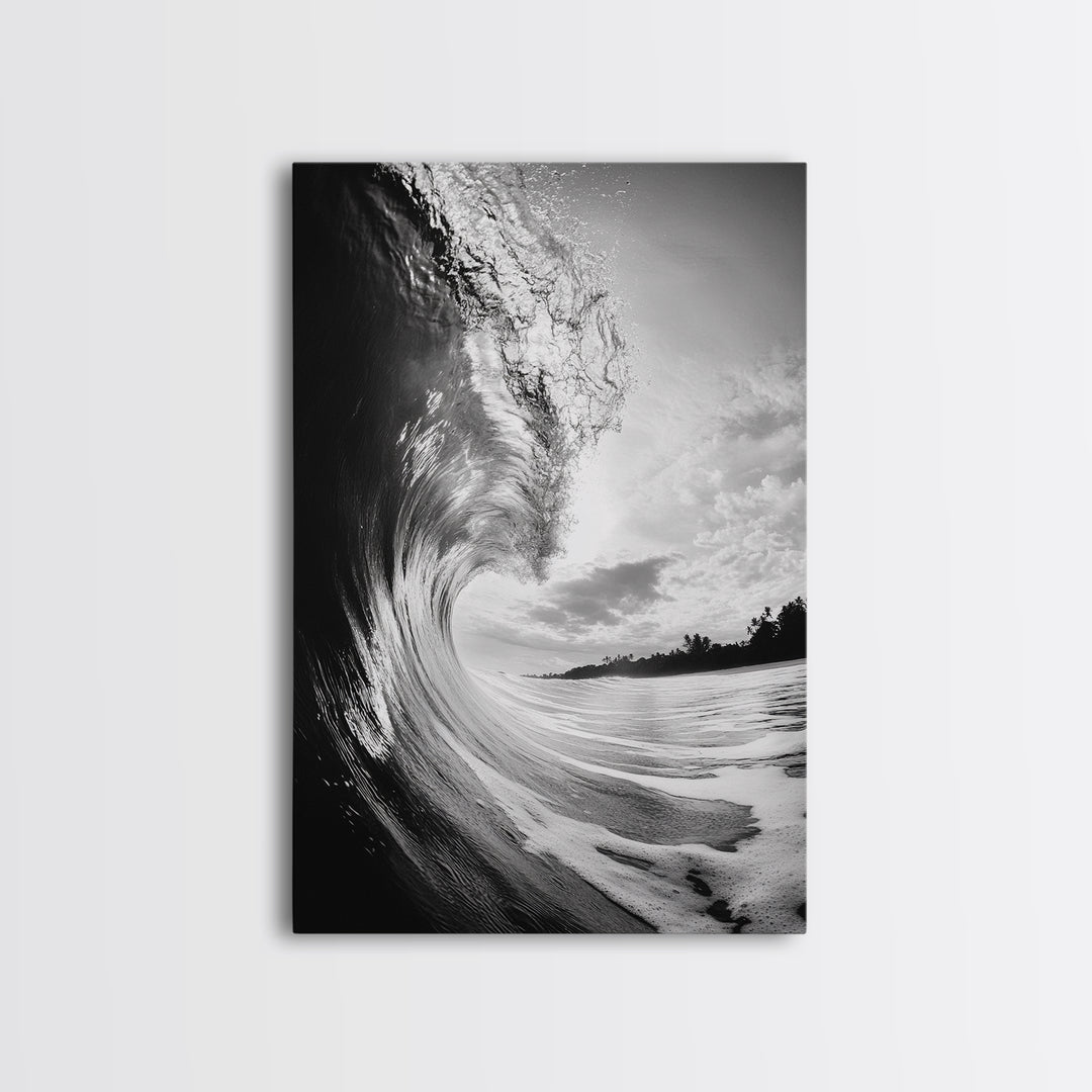 Ocean Wave Curl, Sea Barrel Art, Surf Power Print, Framed Canvas Print, Bathroom Wall Art, Modern Beach Decor, Black White Seascape