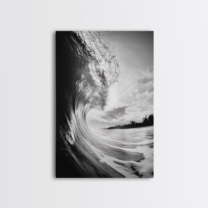 Ocean Wave Curl, Sea Barrel Art, Surf Power Print, Framed Canvas Print, Bathroom Wall Art, Modern Beach Decor, Black White Seascape