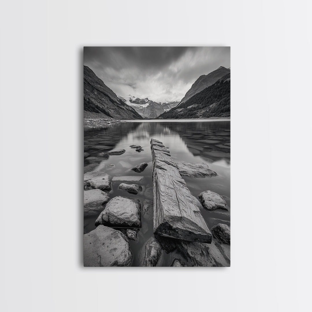 Mountain Lake Log, Alpine Serenity Scene, Tranquil Rock Shore, Canvas Print, Bedroom Wall Art, Nature Retreat, Minimalist Landscape